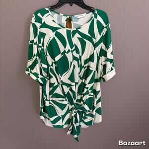 Preowned PerSeption Concept Green and White Abstract Blouse, size Large